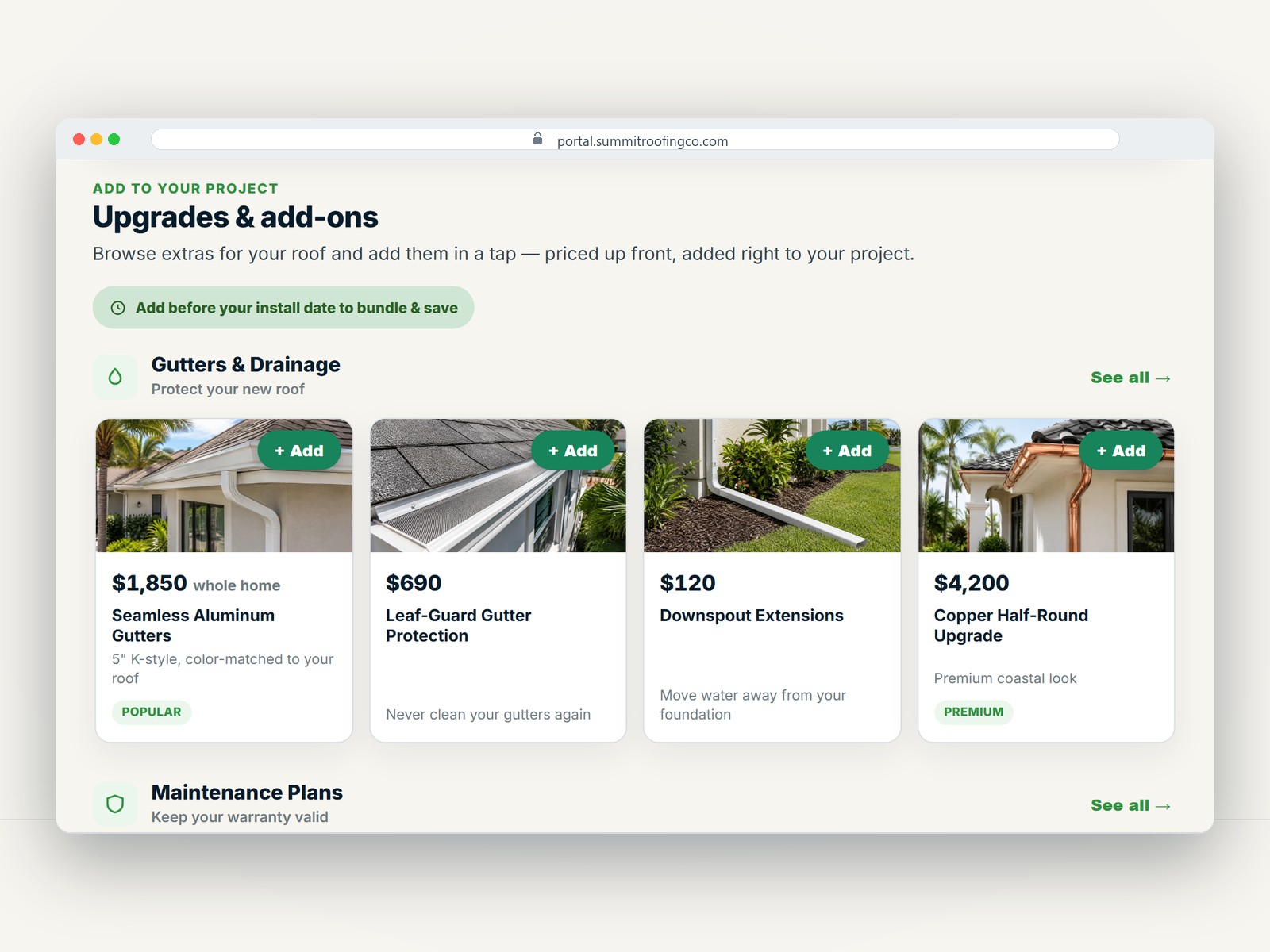 Add-on marketplace in a browser window: gutters, maintenance plans, inspections and roof upgrades added in a tap