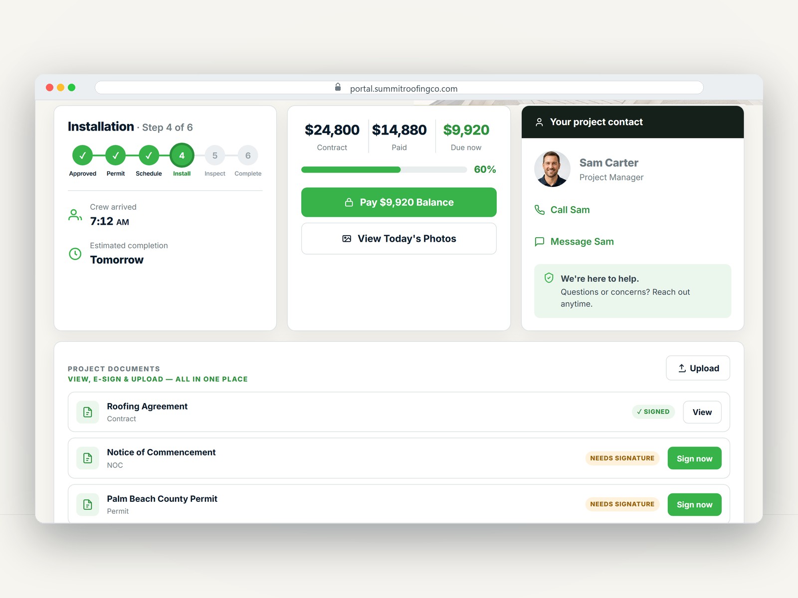 Live project command center in a browser window: progress tracker, balance due with a Pay button, and the project contact