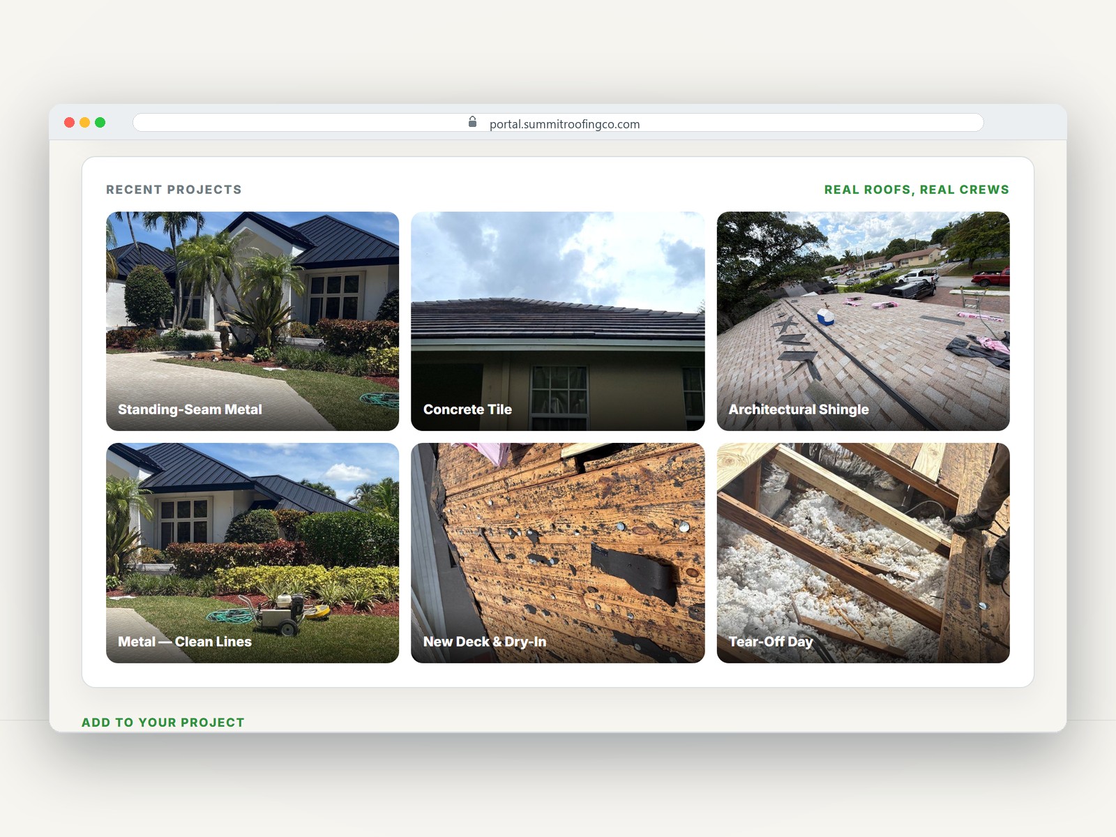 Recent projects gallery in a browser window: real finished roofs across metal, tile and shingle